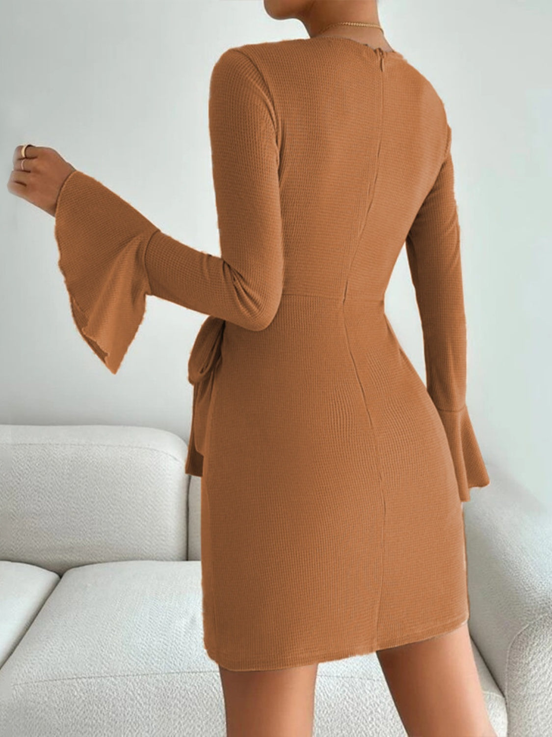 Waffle Knit Flounce Sleeve Tie Waist Mini Dress - Tantalize Boutique