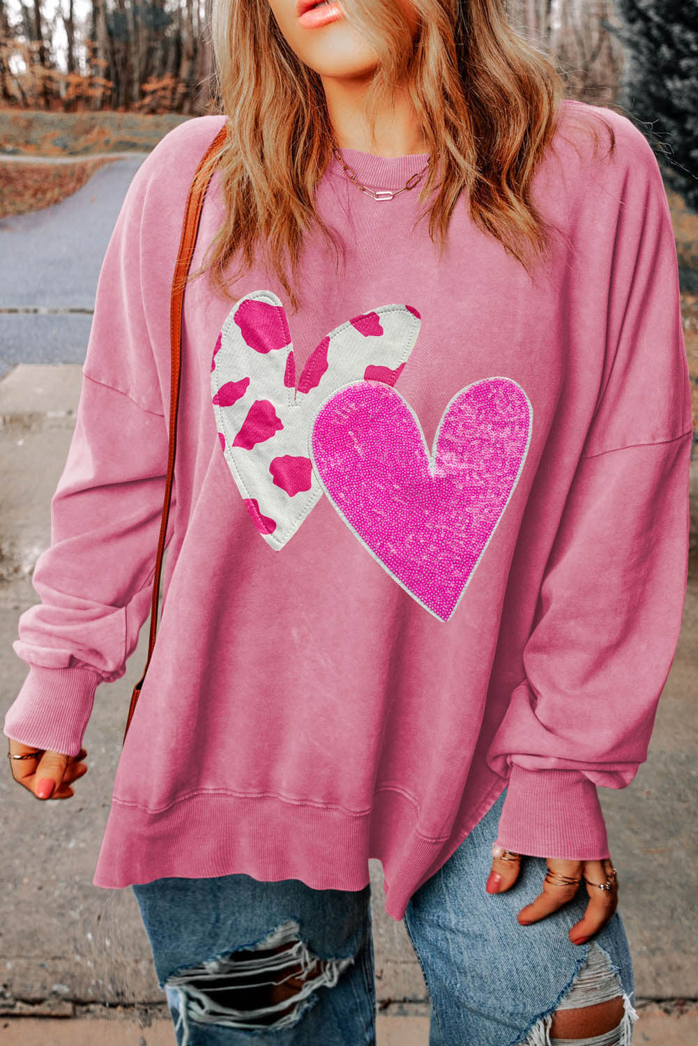 Plus Size Heart Sequin Round Neck Sweatshirt - Tantalize Boutique