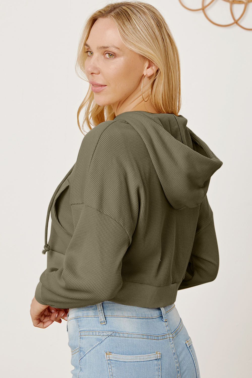 Waffle-Knit Drawstring Zip Up Hoodie - Tantalize Boutique