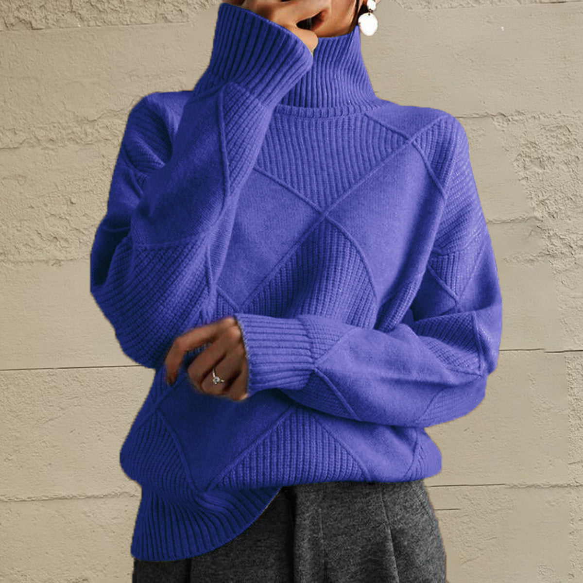 Geometric Turtleneck Long Sleeve Sweater - Tantalize Boutique