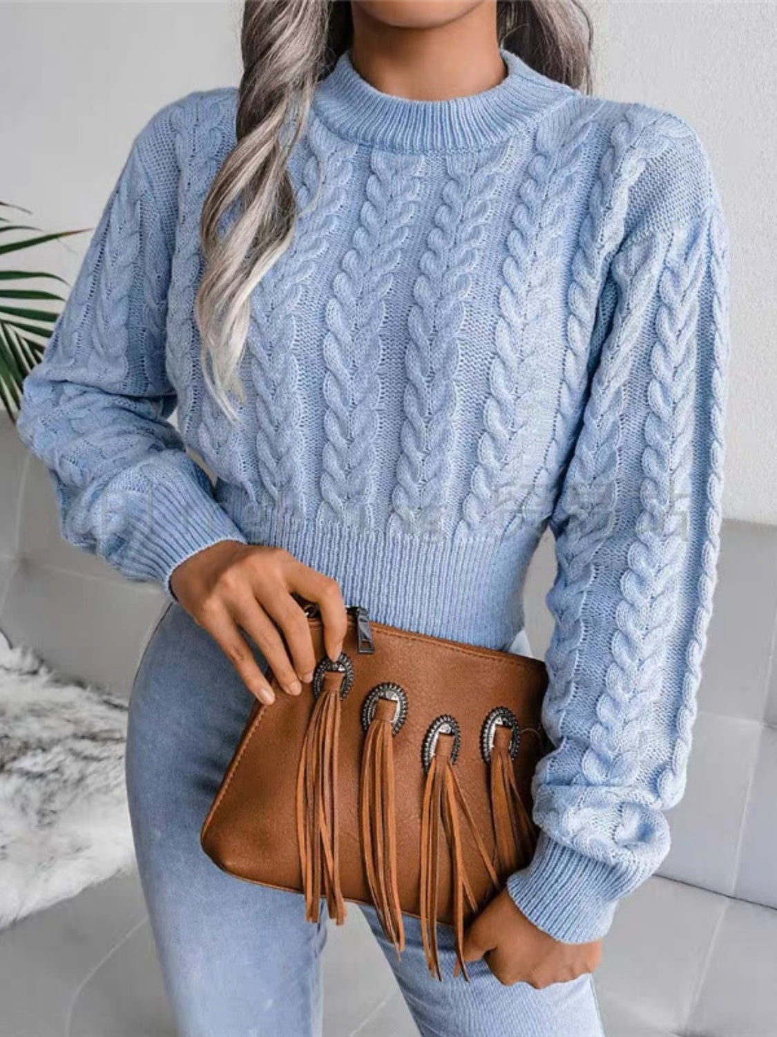 Cable-Knit Round Neck Cropped Sweater - Tantalize Boutique