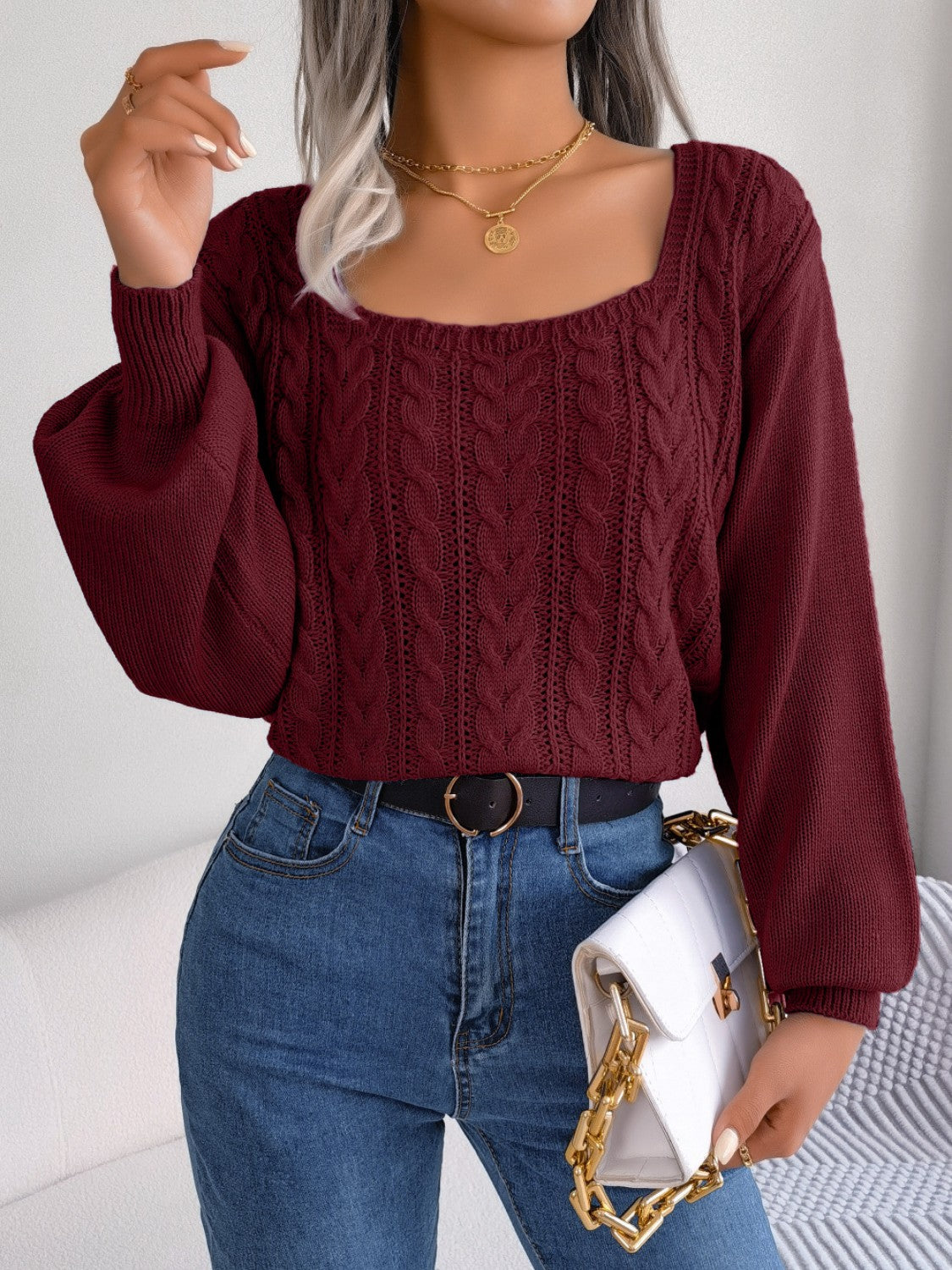 Cable-Knit Square Neck Long Sleeve Sweater - Tantalize Boutique
