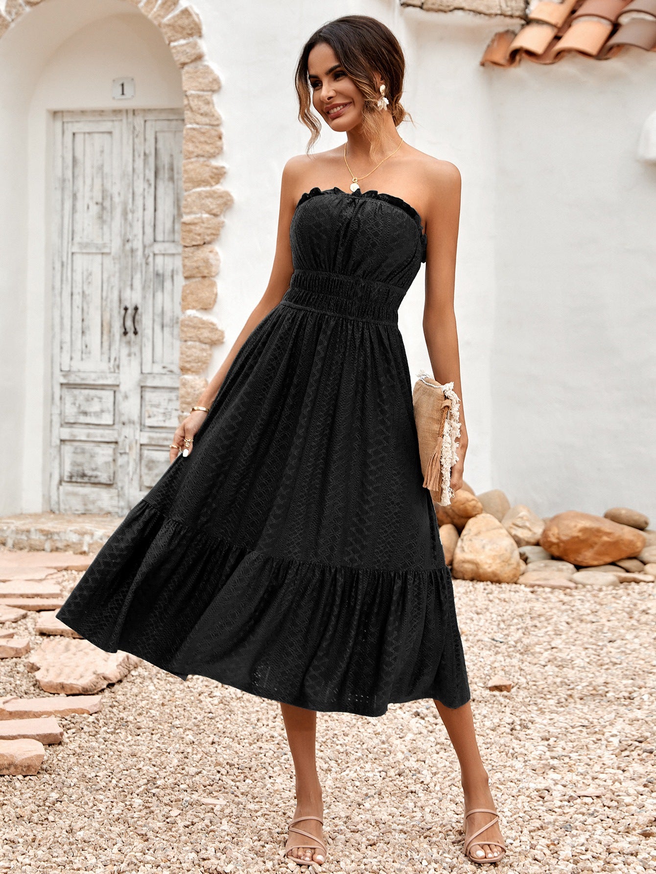Frill Trim Strapless Midi Dress - Tantalize Boutique