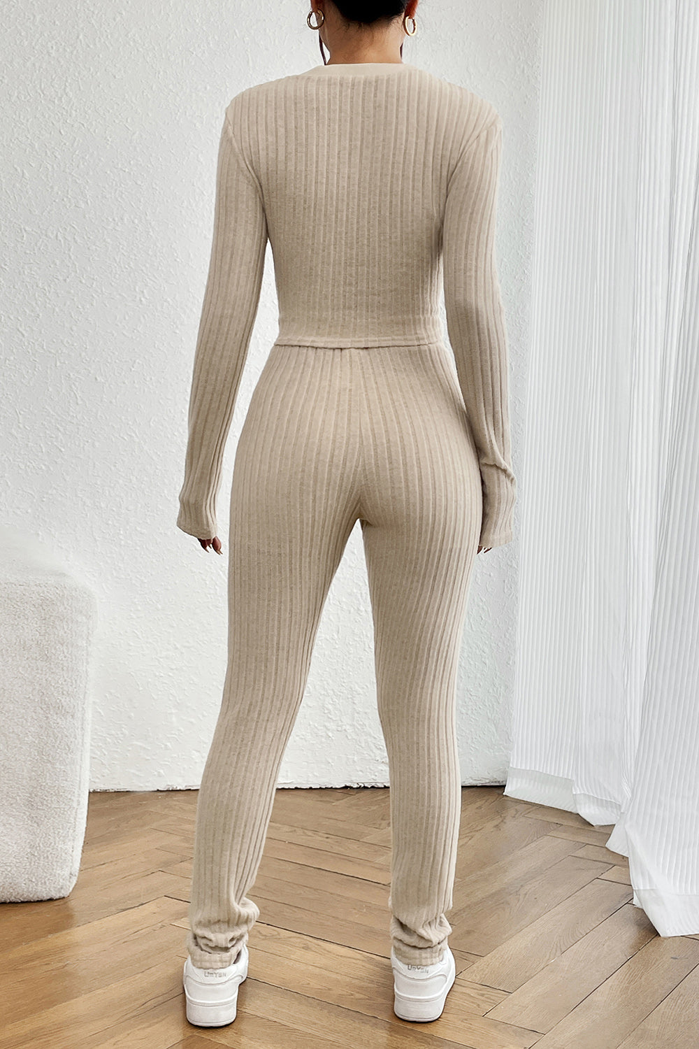 Ribbed V-Neck Long Sleeve Cropped Top and Pants Set - Tantalize Boutique