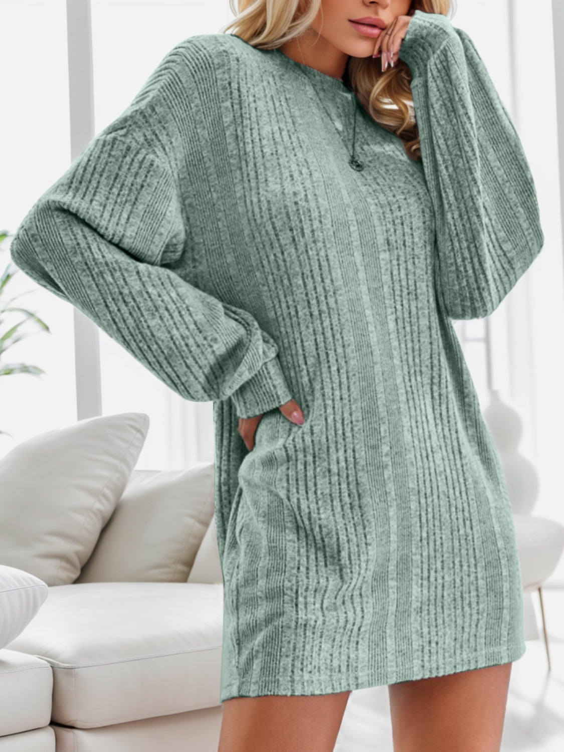 Round Neck Dropped Shoulder Mini Dress - Tantalize Boutique