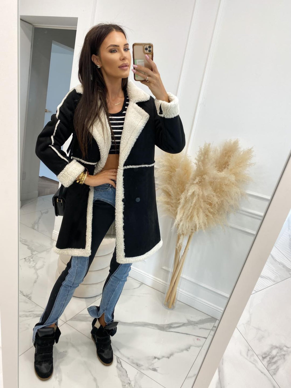 Lapel Collar Exposed Seam Buttoned Coat - Tantalize Boutique