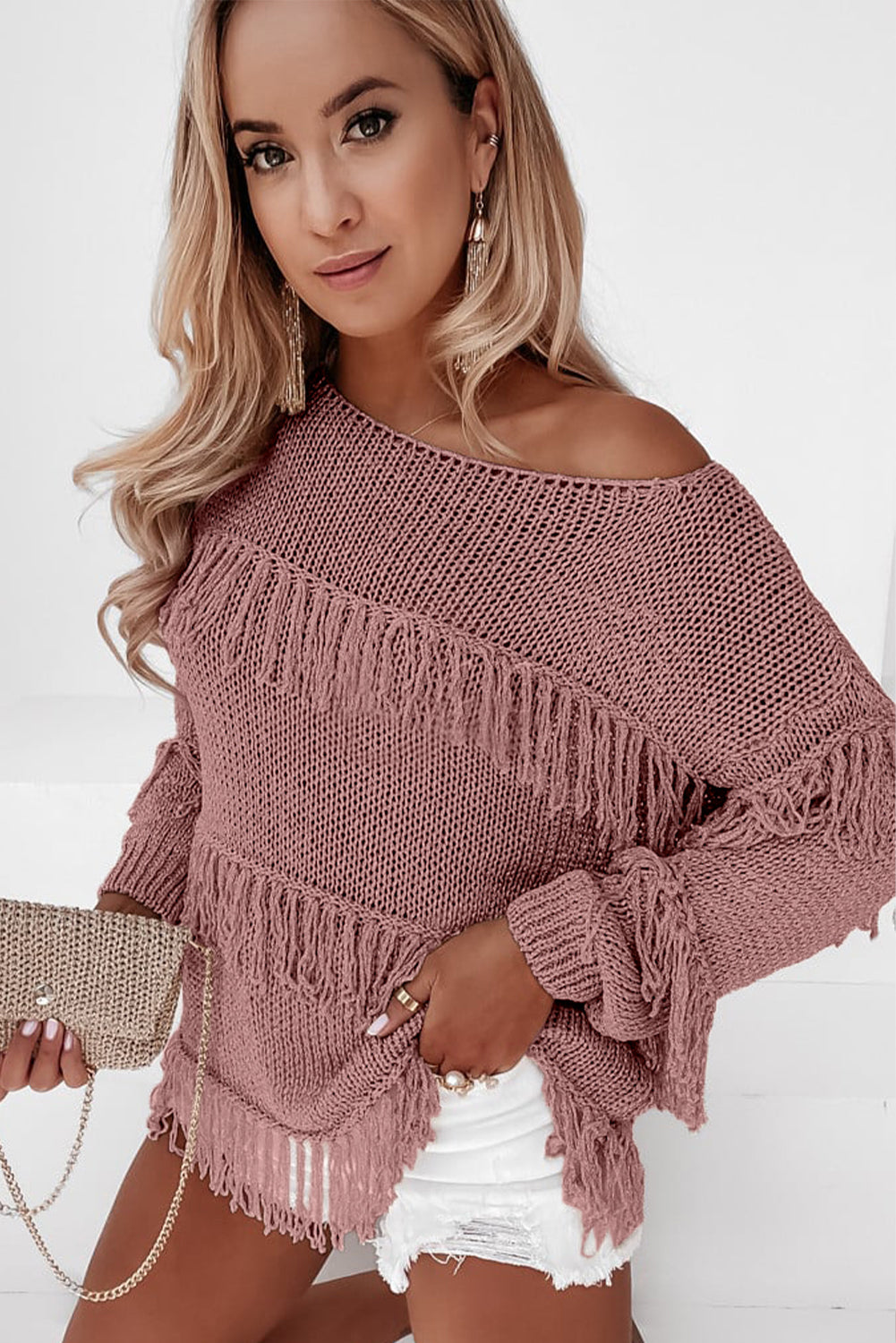 Fringe Detail Long Sleeve Sweater - Tantalize Boutique