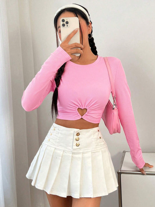 Ruched Round Neck Long Sleeve T-Shirt - Tantalize Boutique