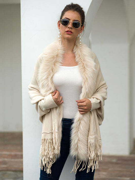Fringe Open Front Long Sleeve Poncho - Tantalize Boutique