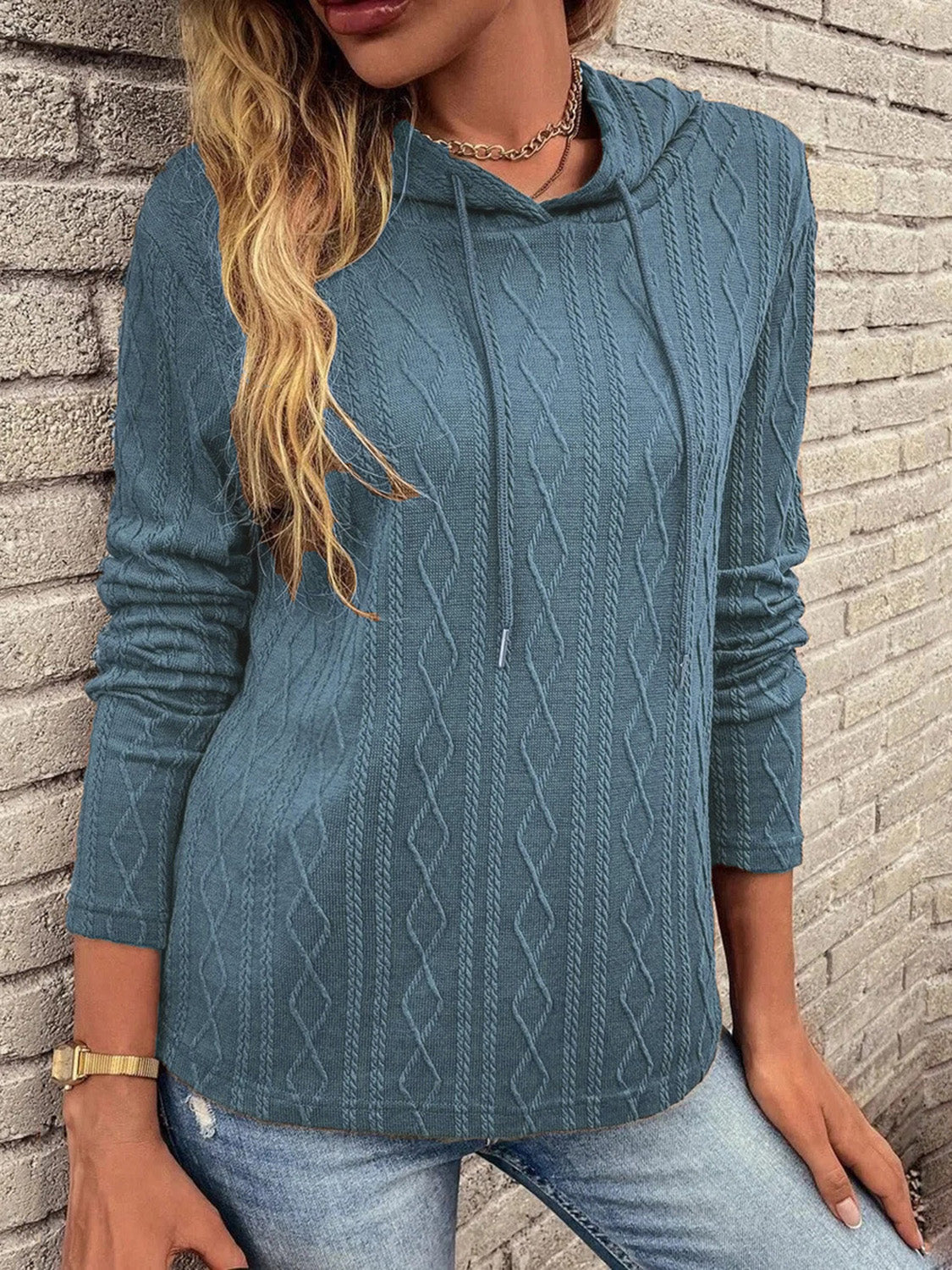 Cable-Knit Drawstring Hooded Knit Top - Tantalize Boutique