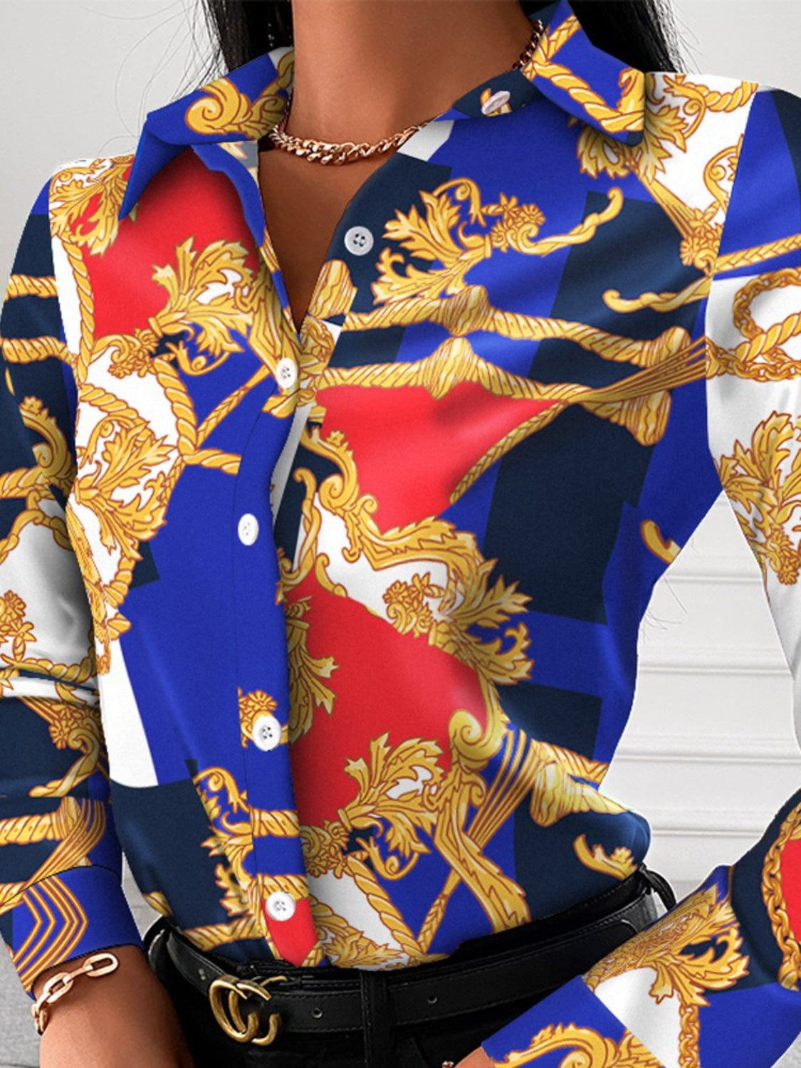 Printed Collared Neck Long Sleeve Shirt - Tantalize Boutique