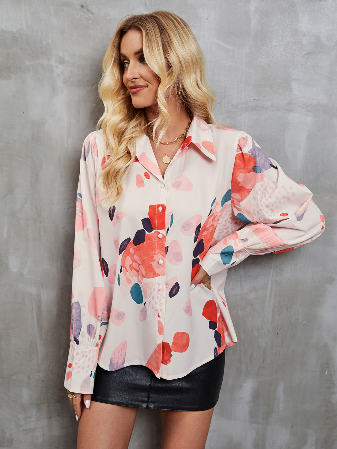 Printed Button Up Lantern Sleeve Shirt - Tantalize Boutique