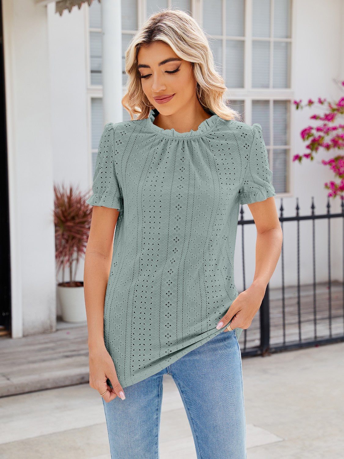 Eyelet Frill Mock Neck Flounce Sleeve Blouse - Tantalize Boutique