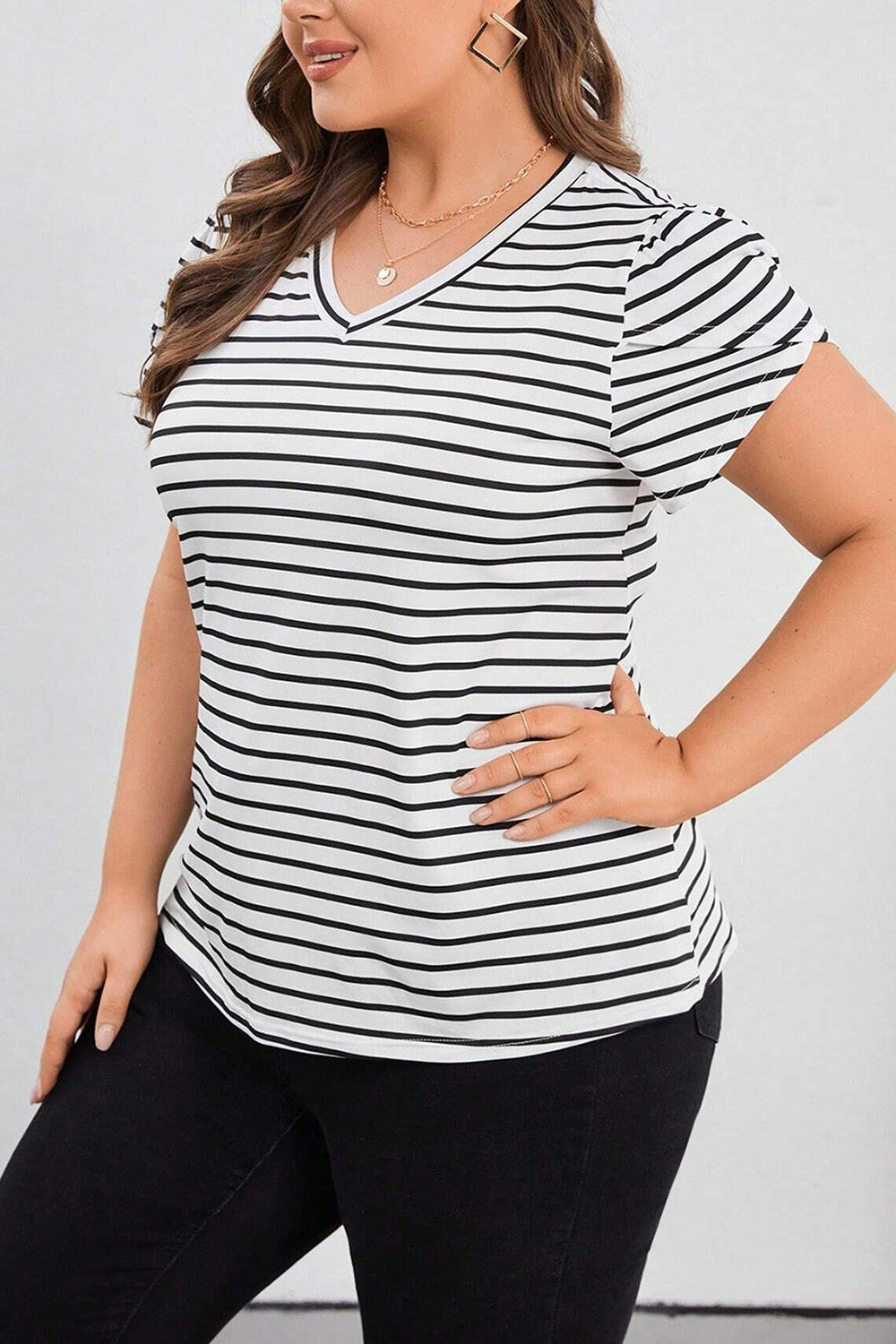 Plus Size Striped V-Neck Short Sleeve T-Shirt - Tantalize Boutique