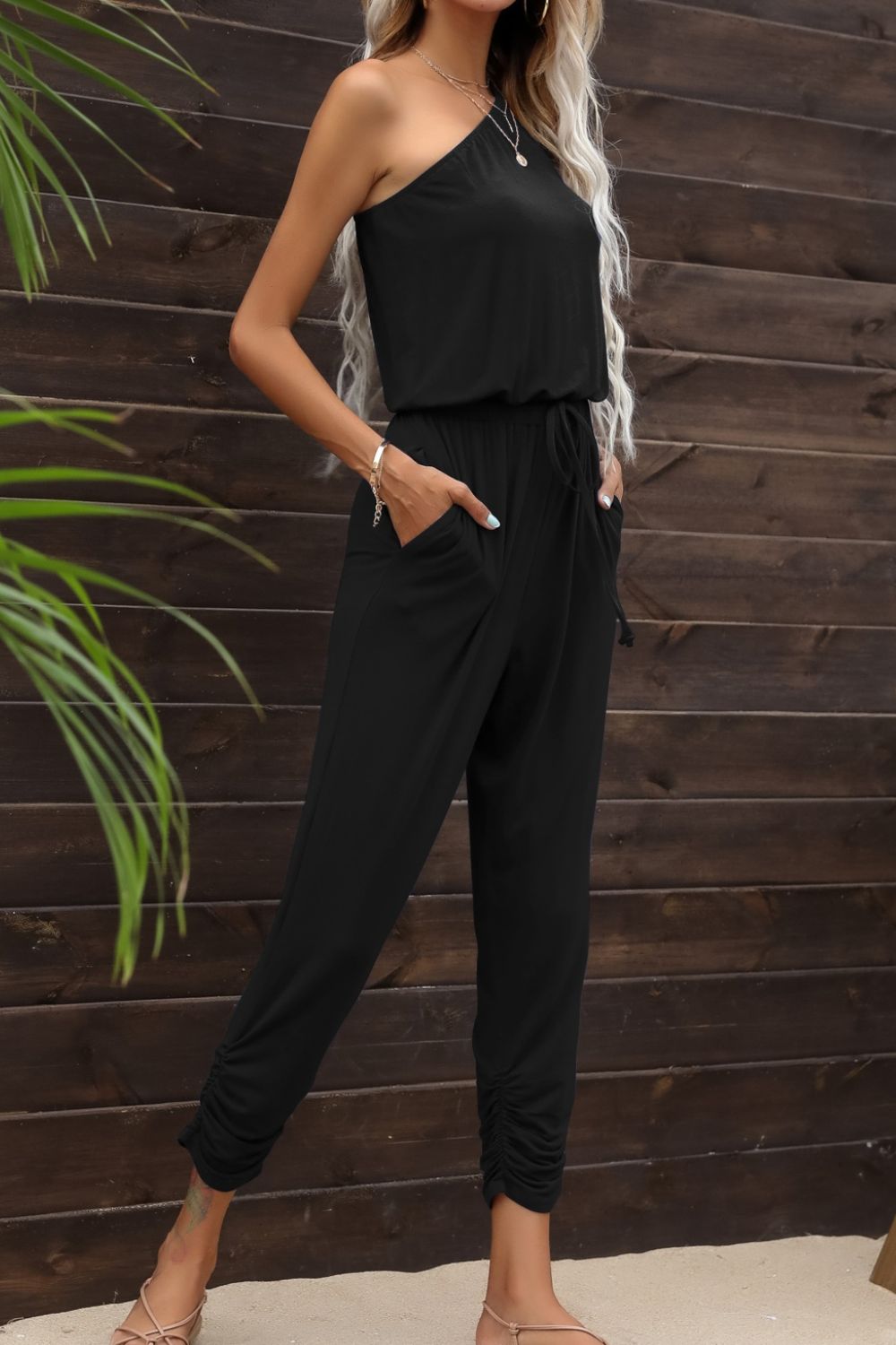 Drawstring Waist One-Shoulder Jumpsuit with Pockets - Tantalize Boutique