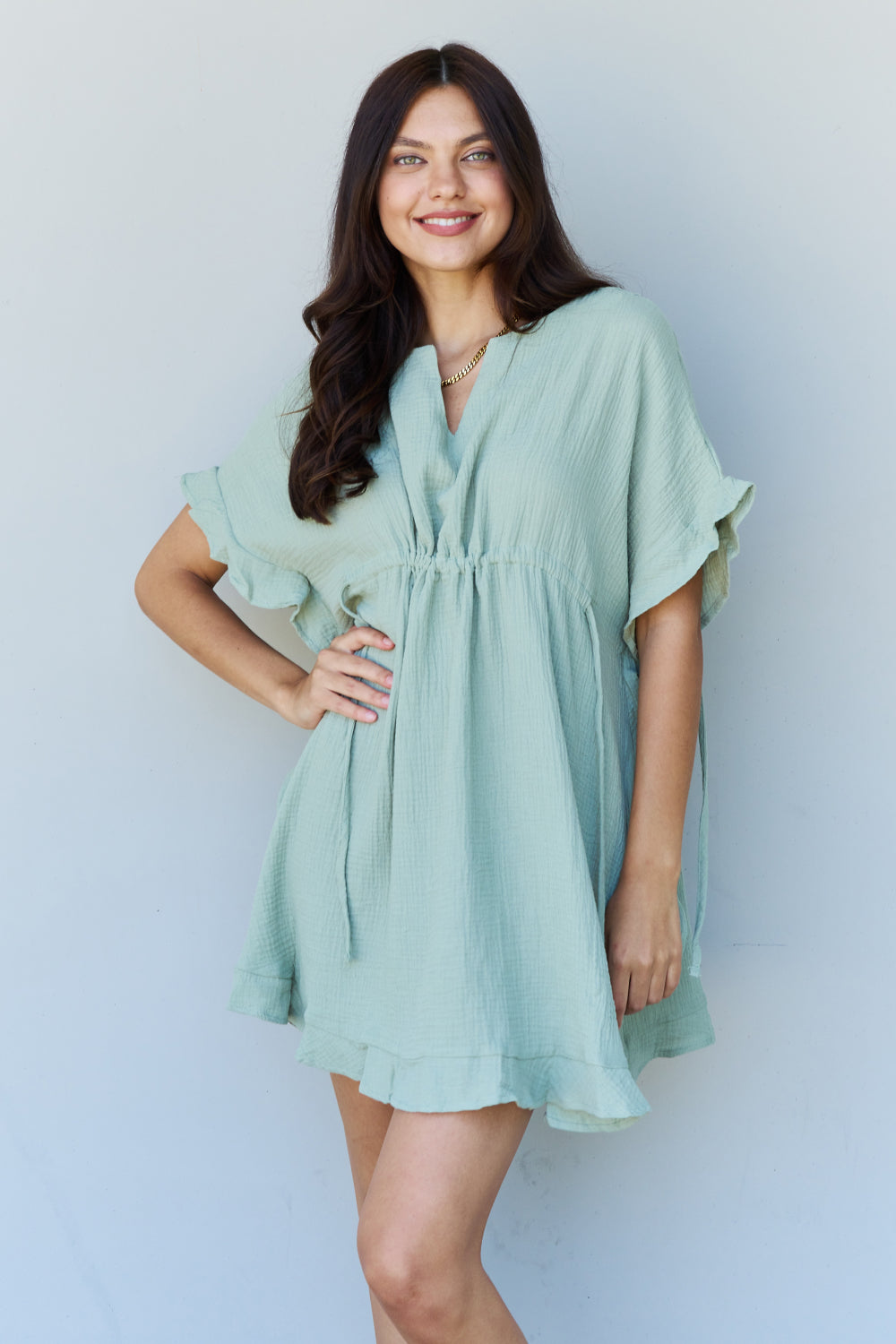 Ninexis Out Of Time Full Size Ruffle Hem Dress with Drawstring Waistband in Light Sage - Tantalize Boutique