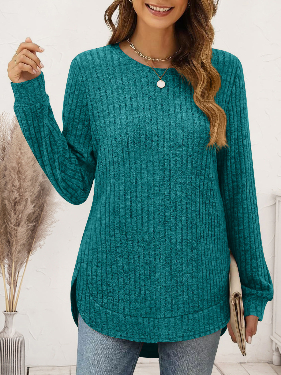 Ribbed Round Neck Long Sleeve T-Shirt - Tantalize Boutique