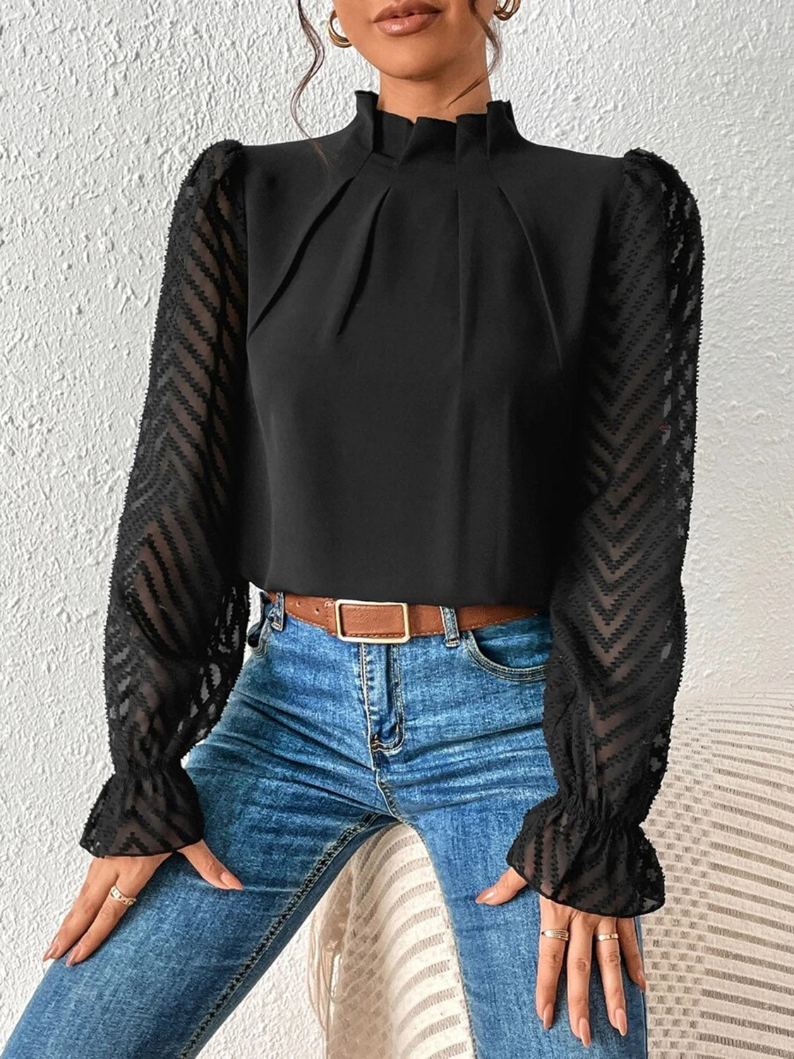 Mock Neck Flounce Sleeve Blouse - Tantalize Boutique