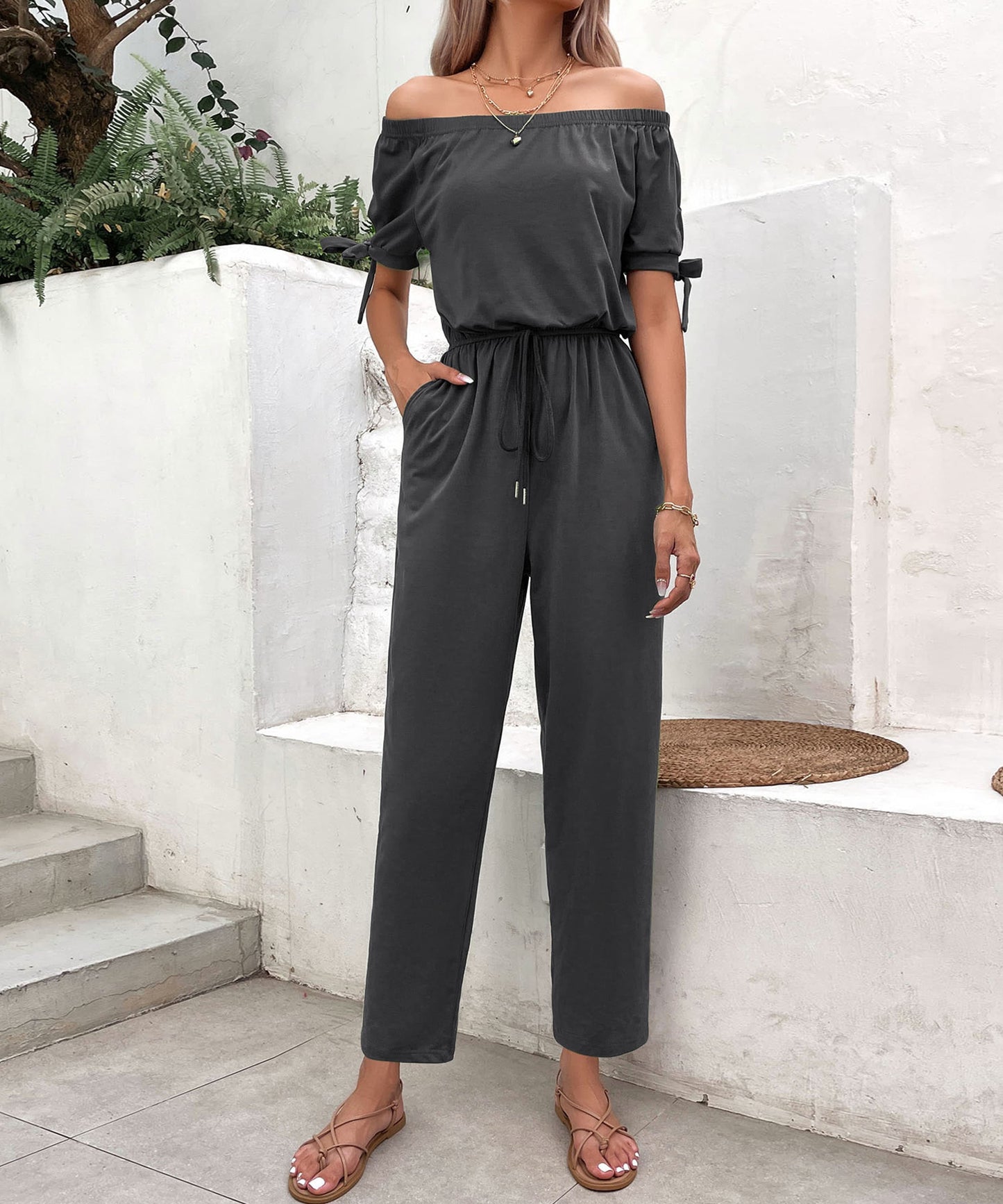 Off-Shoulder Tie Cuff Jumpsuit with Pockets - Tantalize Boutique