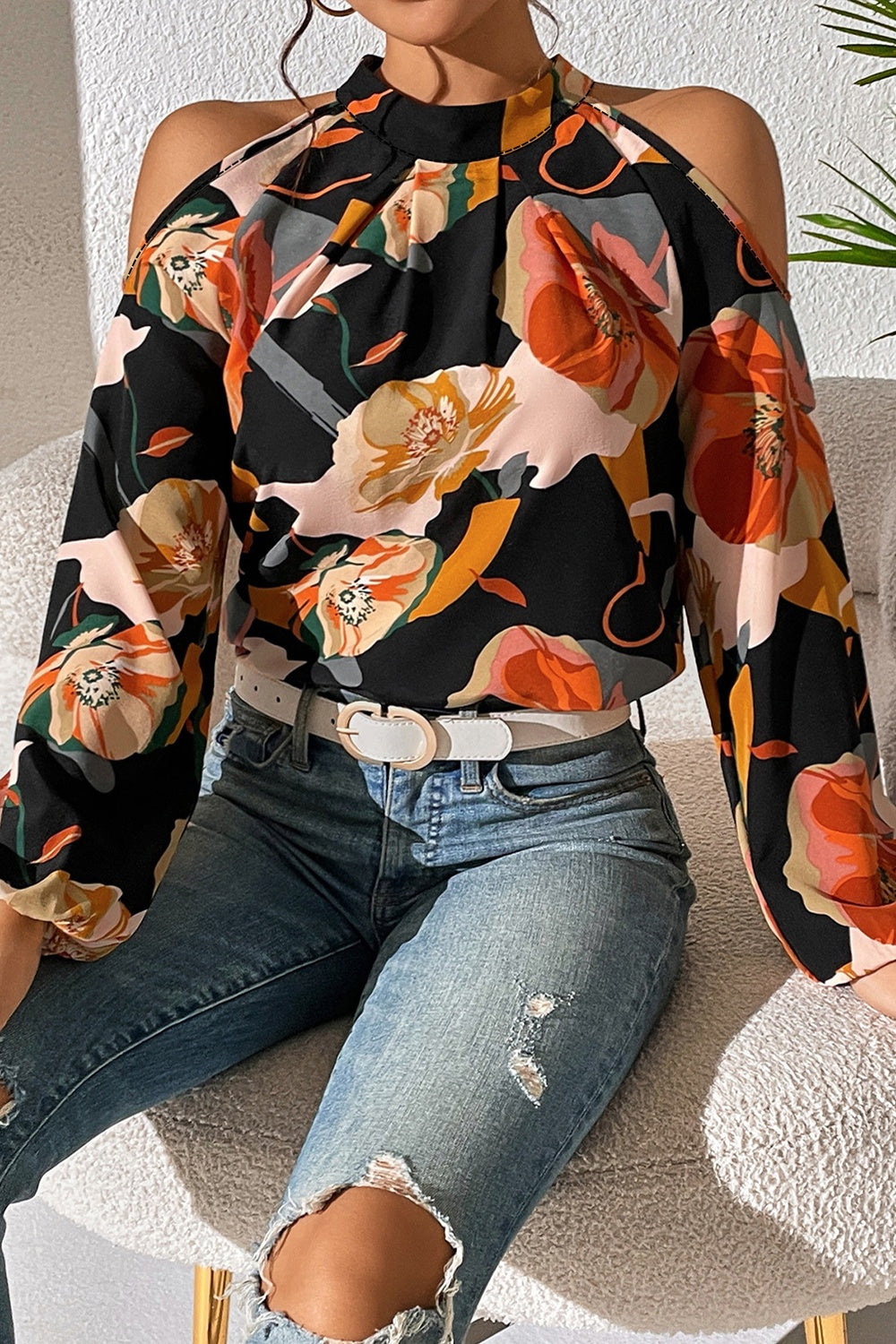 Floral Cold Shoulder Balloon Sleeve Blouse - Tantalize Boutique