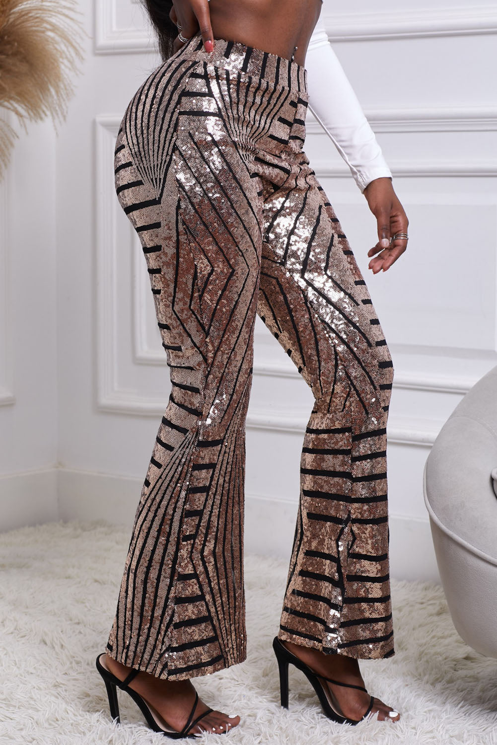 Sequin Striped High Waist Bootcut Pants - Tantalize Boutique