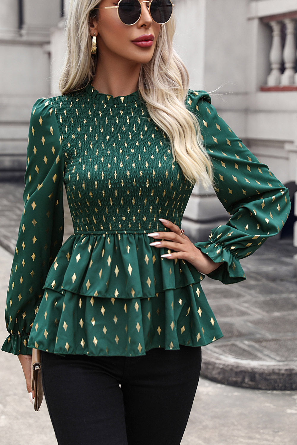 Smocked Flounce Sleeve Layered Blouse - Tantalize Boutique