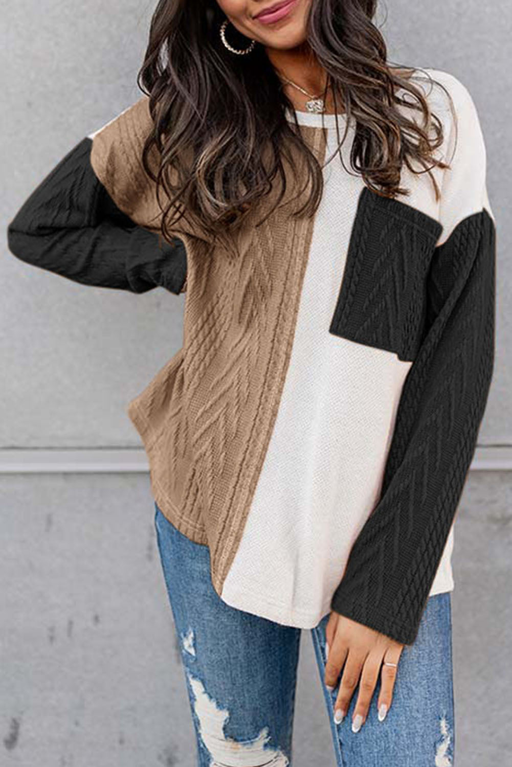 Full Size Color Block Cable-Knit Tops - Tantalize Boutique