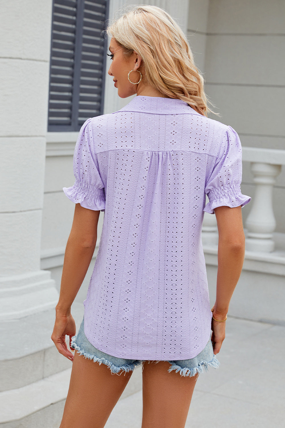 Eyelet Johnny Collar Short Sleeve Blouse - Tantalize Boutique