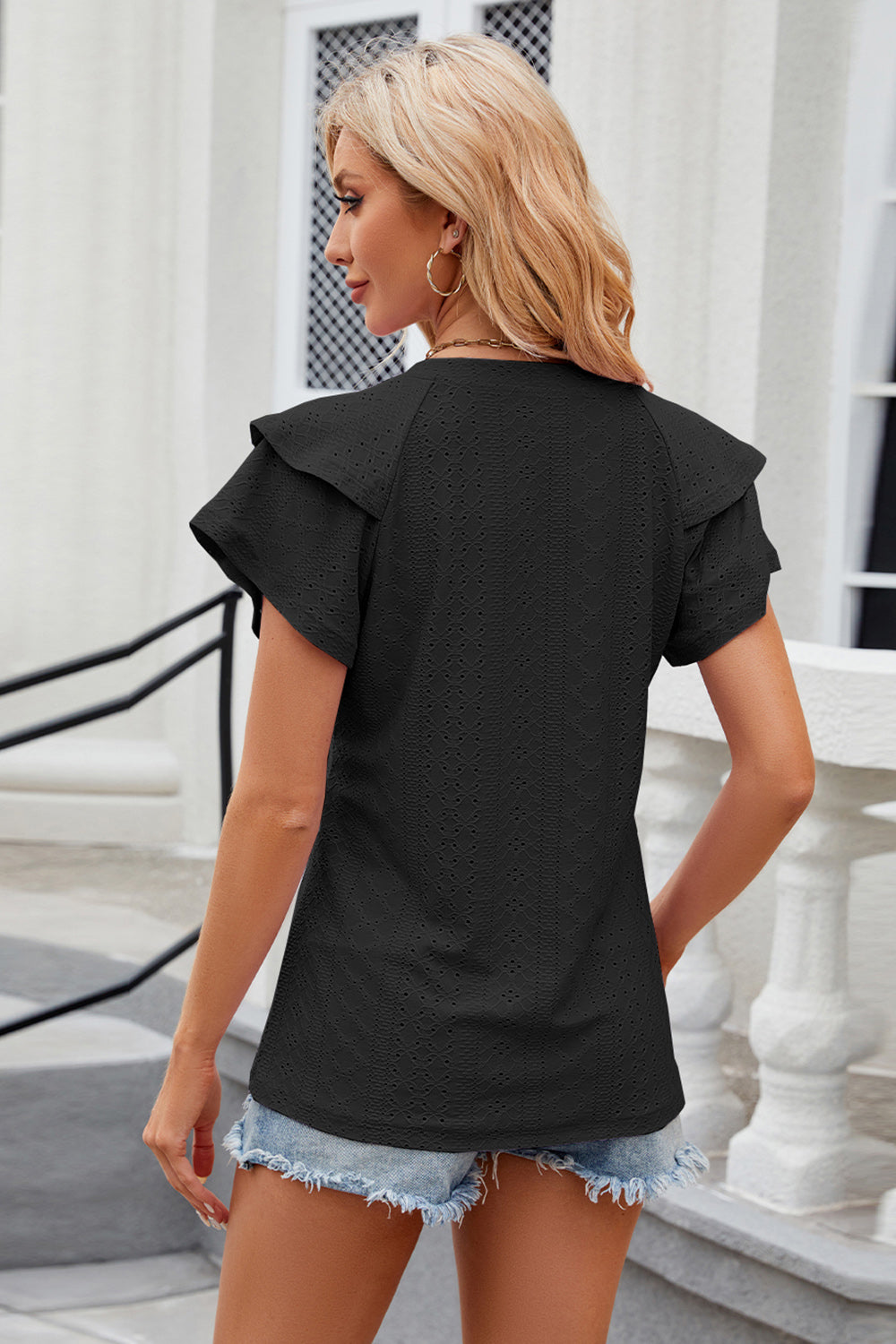 Eyelet Notched Short Sleeve T-Shirt - Tantalize Boutique