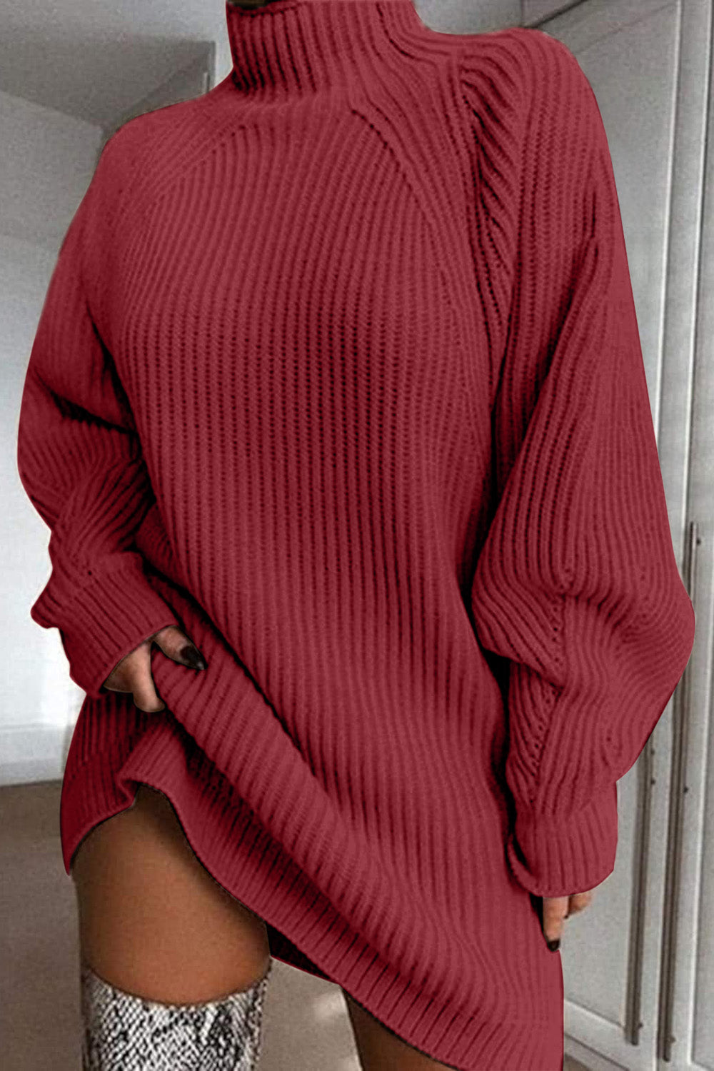 Mock Neck Dropped Shoulder Sweater Dress - Tantalize Boutique