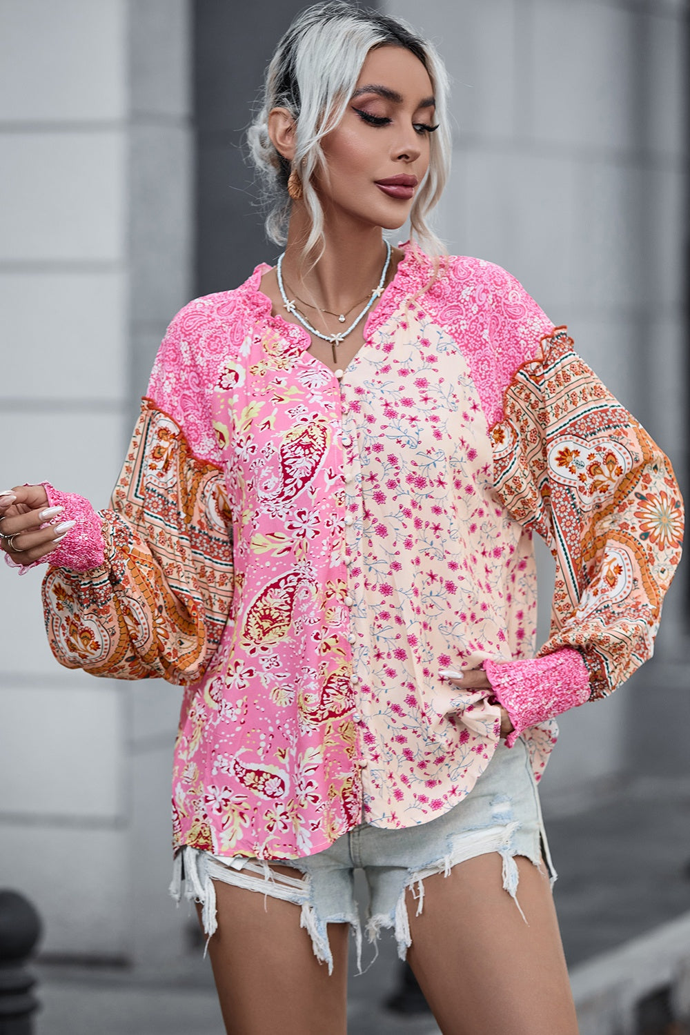Floral Printed Puff Sleeve V-Neck Shirt - Tantalize Boutique