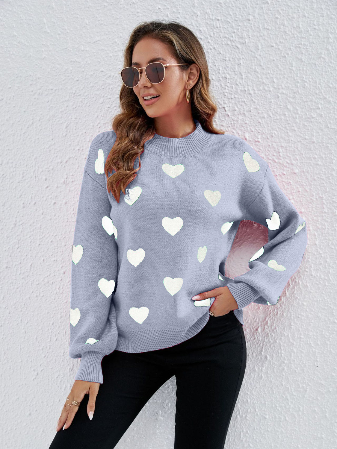 Heart Round Neck Dropped Shoulder Sweater - Tantalize Boutique