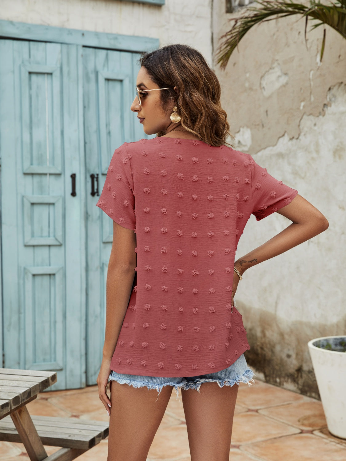 Swiss Dot V-Neck Short Sleeve Blouse - Tantalize Boutique