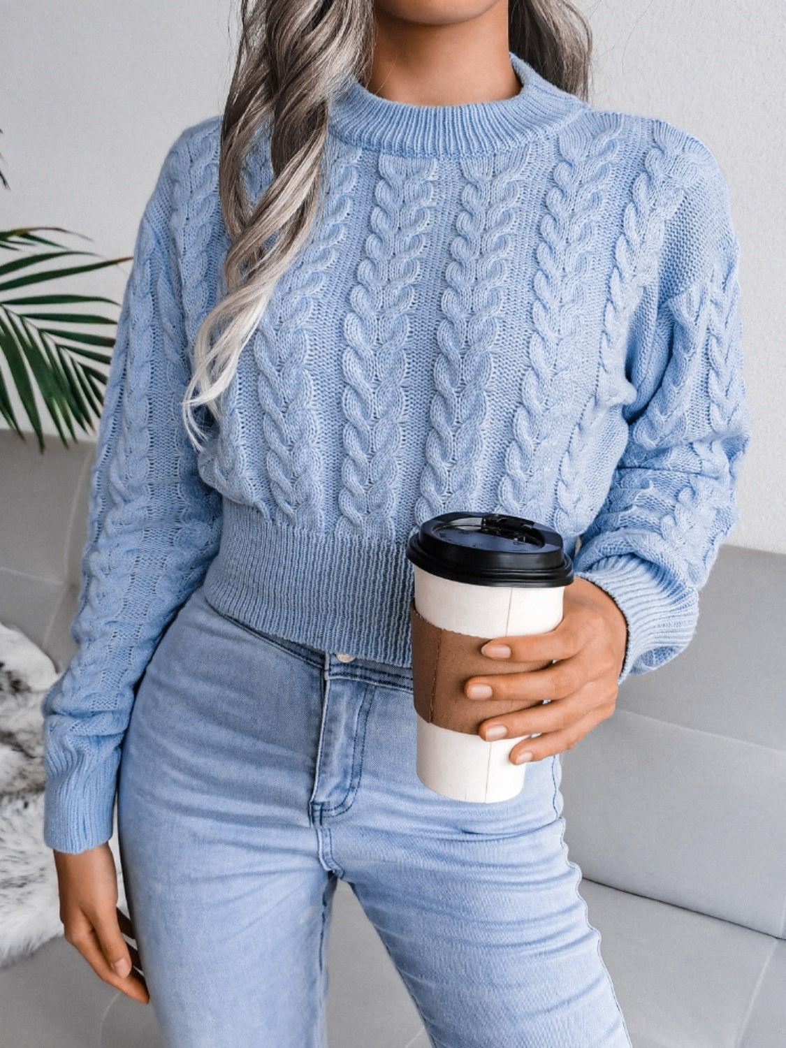Cable-Knit Round Neck Sweater - Tantalize Boutique