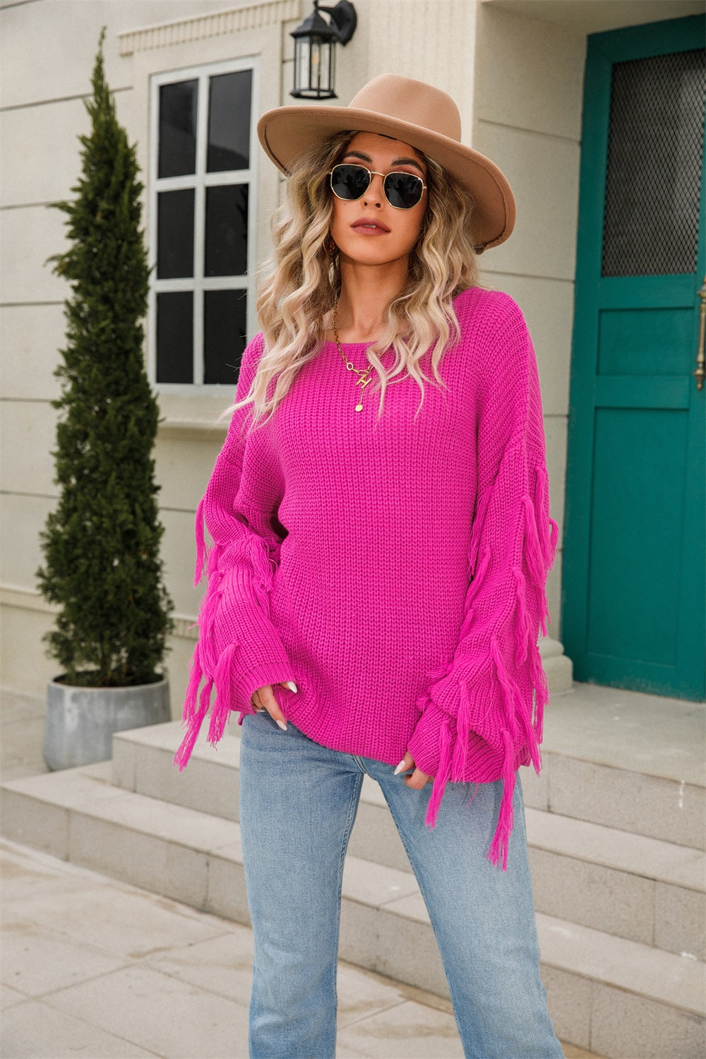 Fringe Round Neck Dropped Shoulder Sweater - Tantalize Boutique