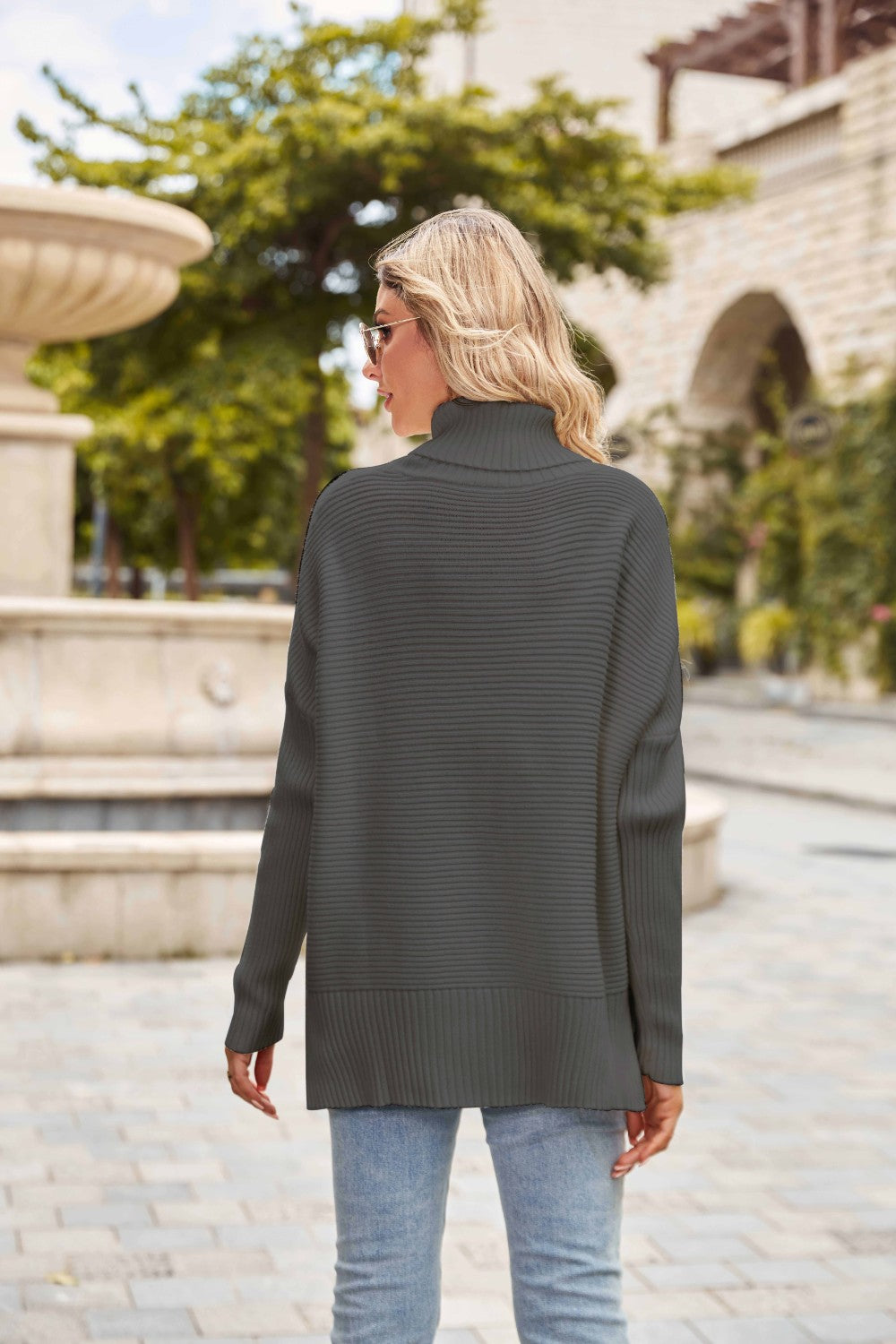 Ribbed Turtleneck Long Sleeve Slit Sweater - Tantalize Boutique