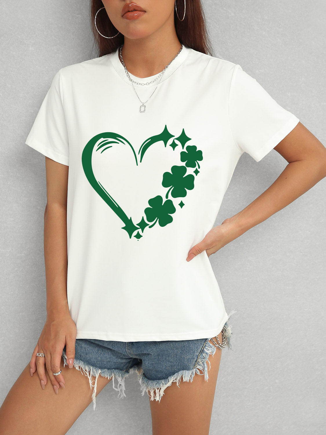 Heart Lucky Clover Round Neck Short Sleeve T-Shirt - Tantalize Boutique
