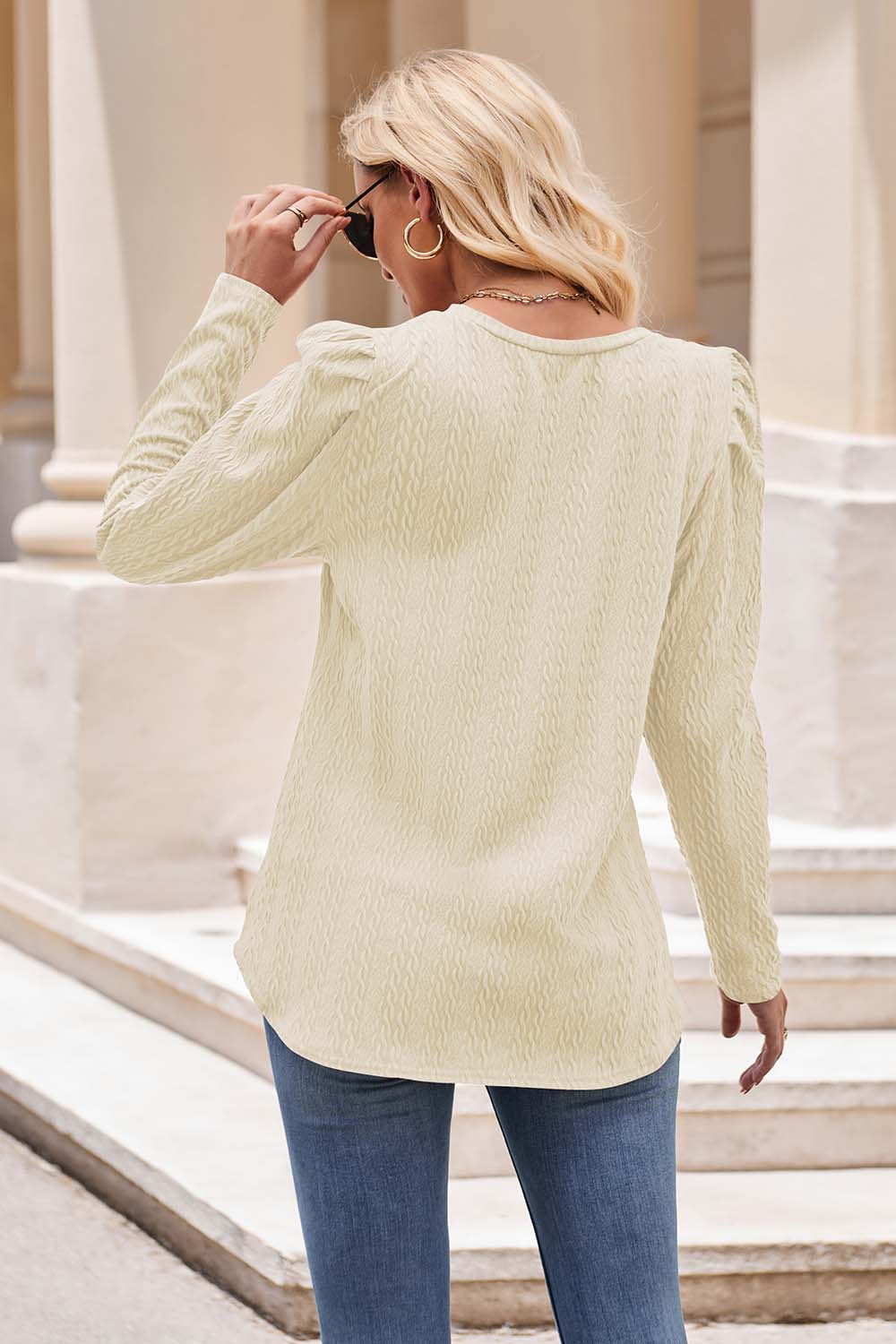 Round Neck Puff Sleeve Blouse - Tantalize Boutique