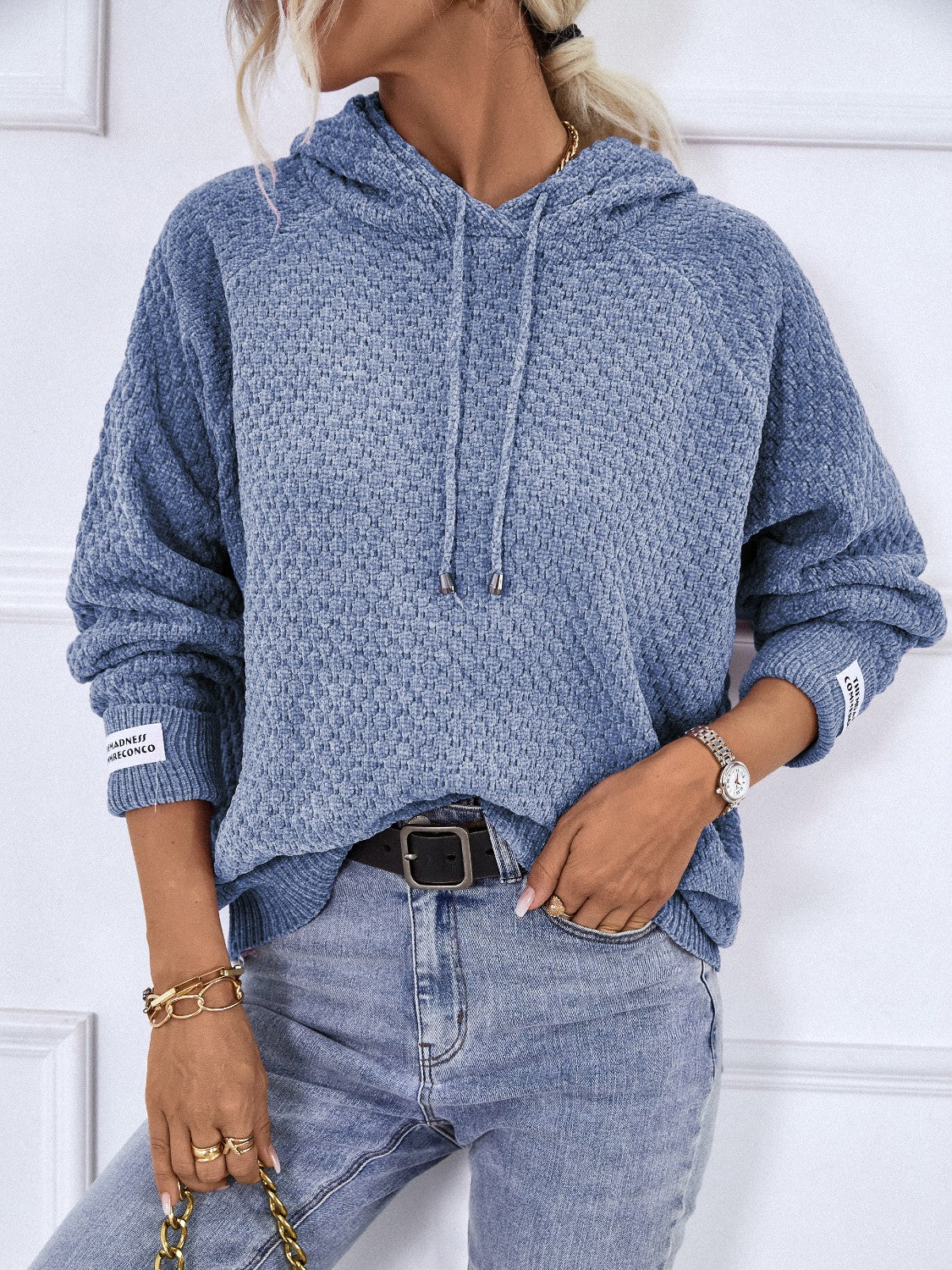 Texture Drawstring Long Sleeve Hooded Sweater - Tantalize Boutique