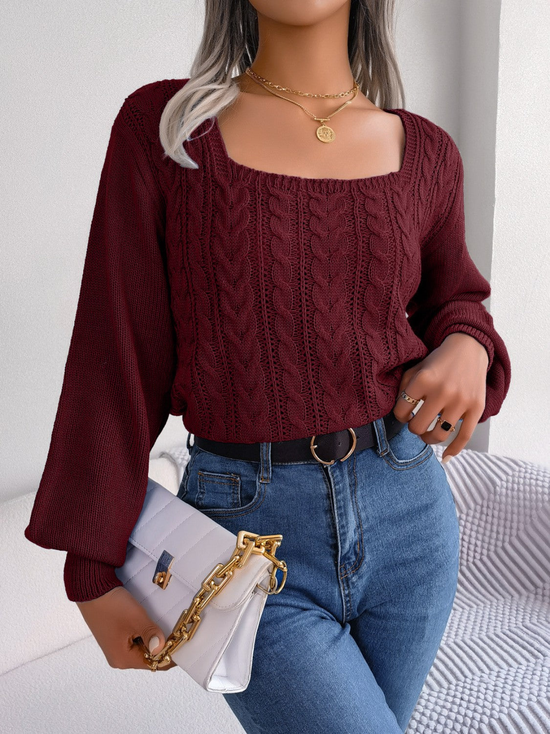 Cable-Knit Square Neck Long Sleeve Sweater - Tantalize Boutique