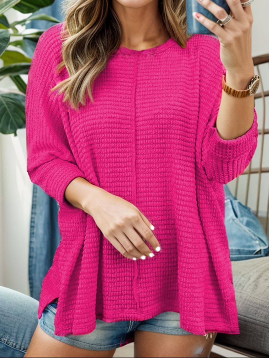 Round Neck Waffle Knit Slit Sweater - Tantalize Boutique