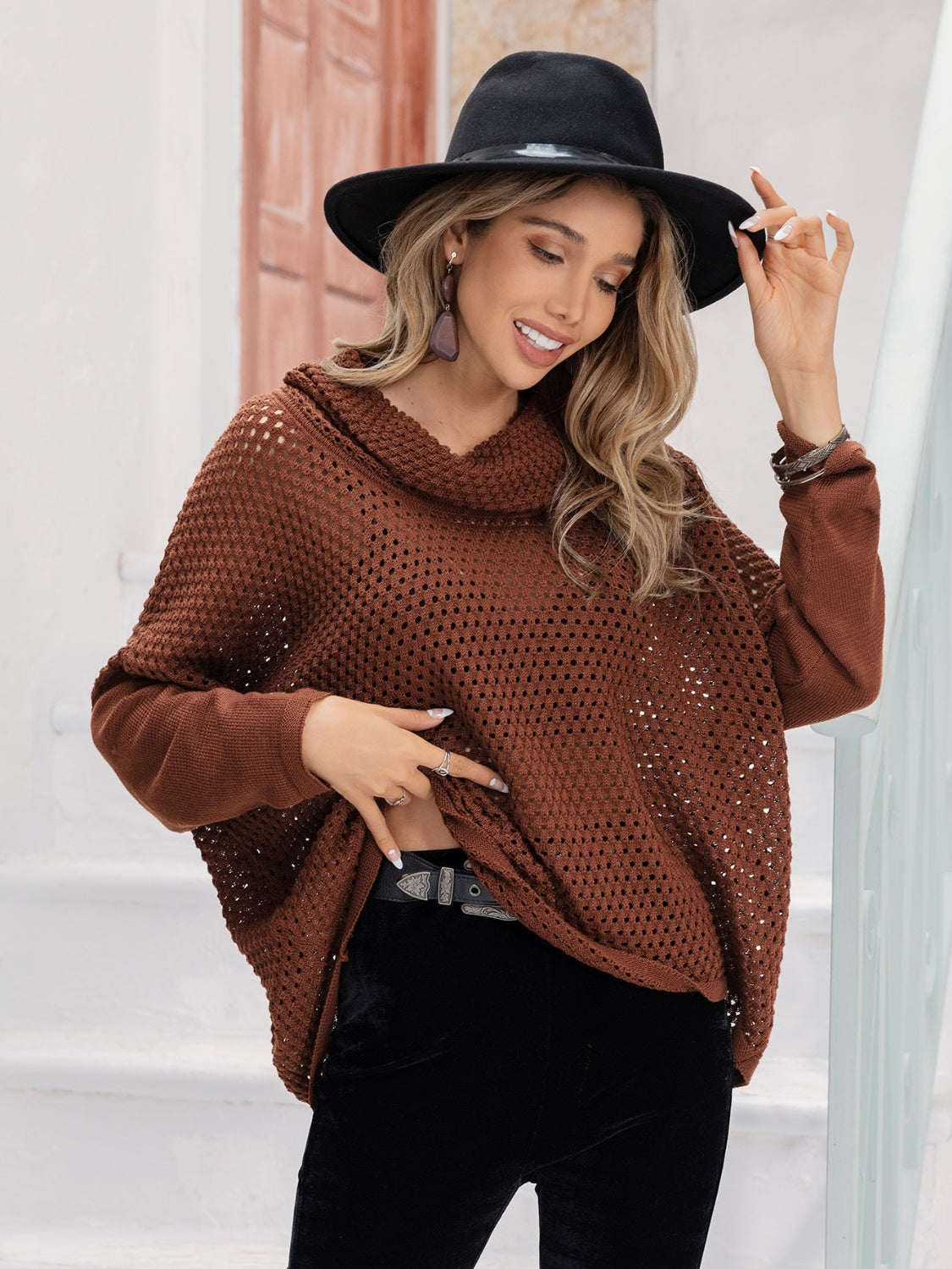 Openwork Mock Neck Dropped Shoulder Sweater - Tantalize Boutique