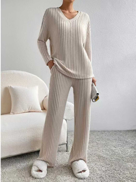 Ribbed V-Neck Long Sleeve Top and Pants Set - Tantalize Boutique