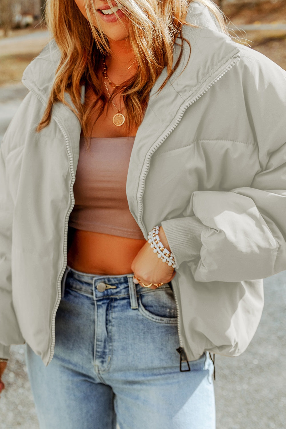 Zip Up Collared Neck Coat with Pockets - Tantalize Boutique