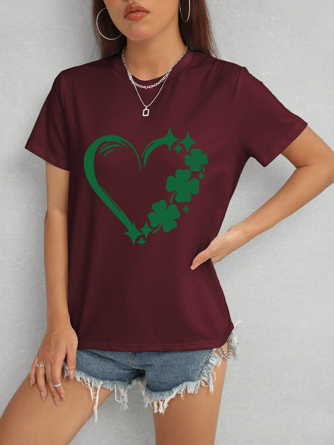 Heart Lucky Clover Round Neck Short Sleeve T-Shirt - Tantalize Boutique
