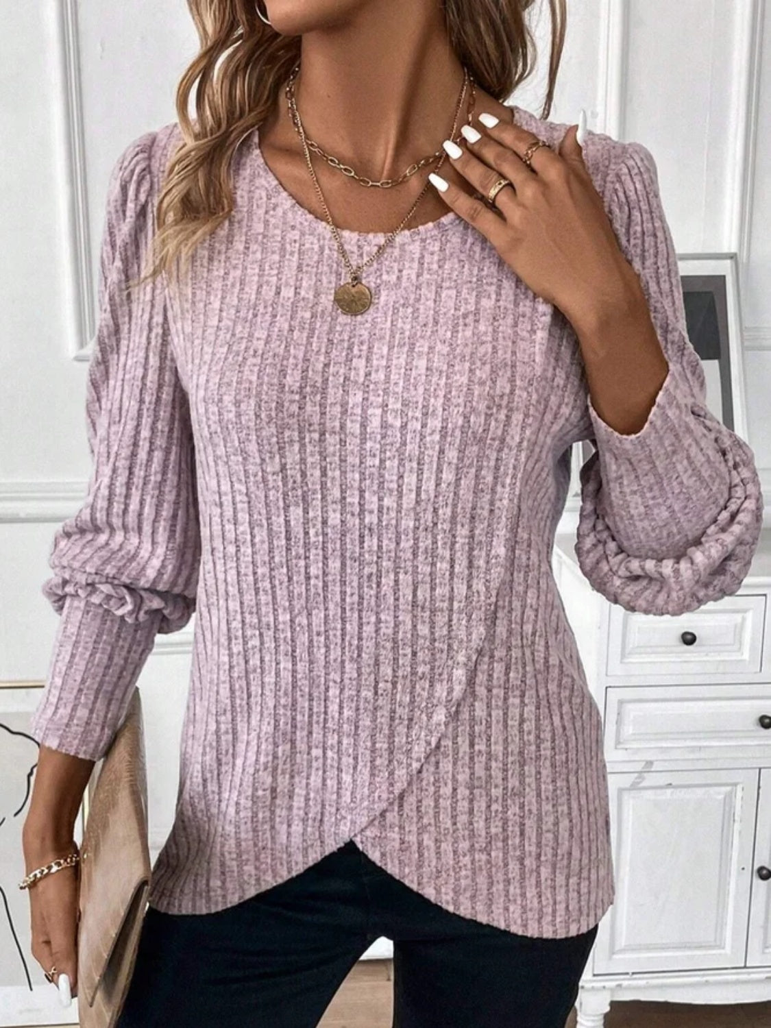 Ribbed Round Neck Long Sleeve Knit Top - Tantalize Boutique