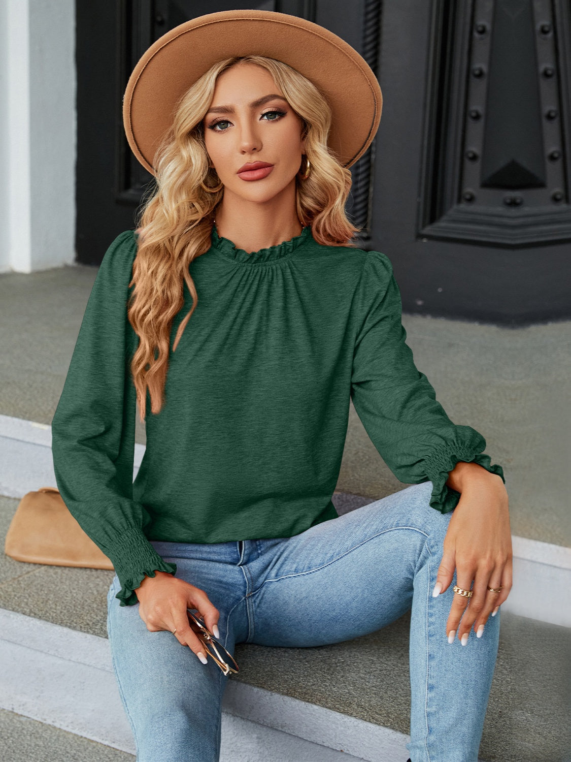 Frill Mock Neck Long Sleeve Blouse - Tantalize Boutique