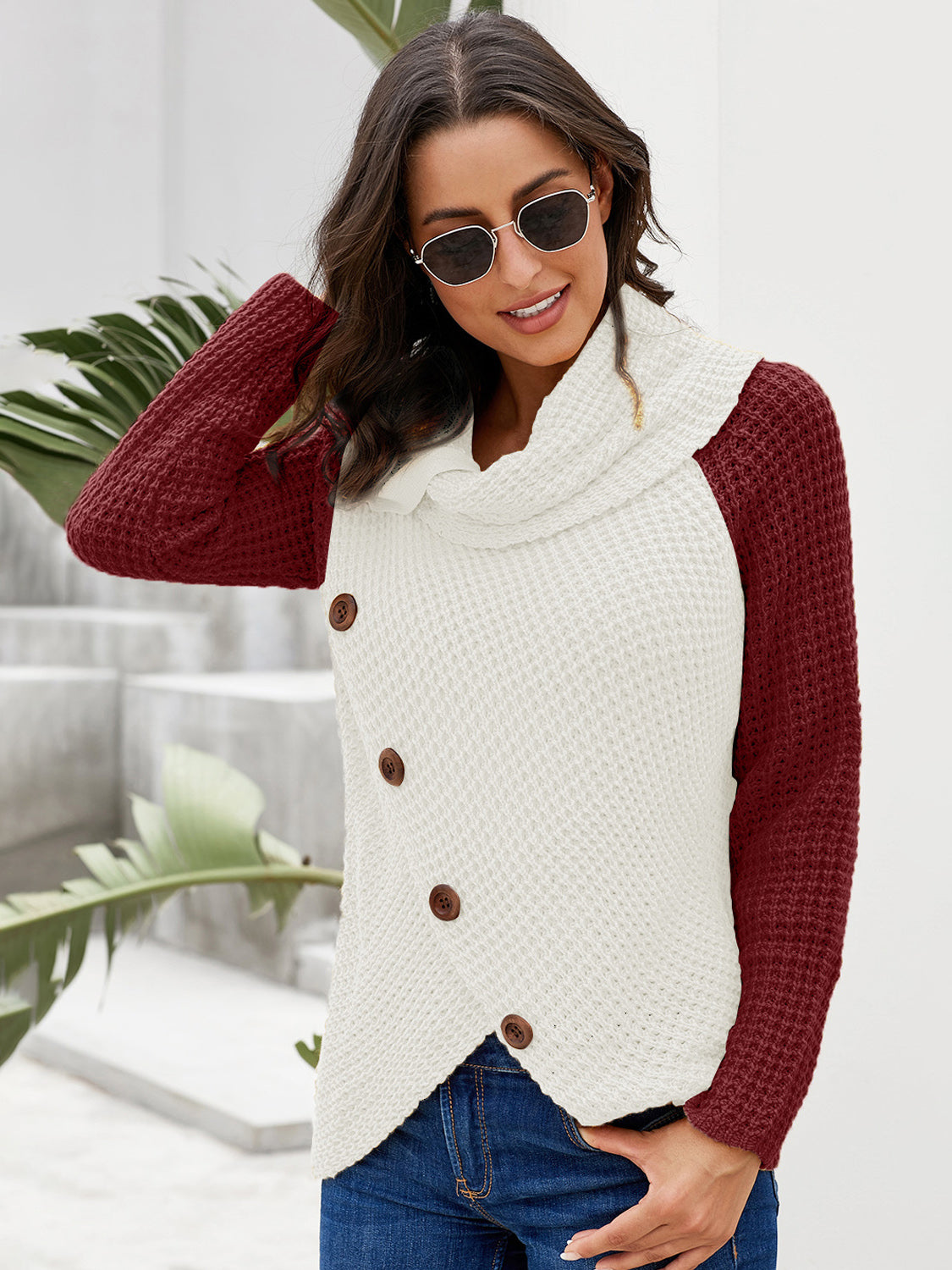 Contrast Decorative Button Turtleneck Sweater - Tantalize Boutique