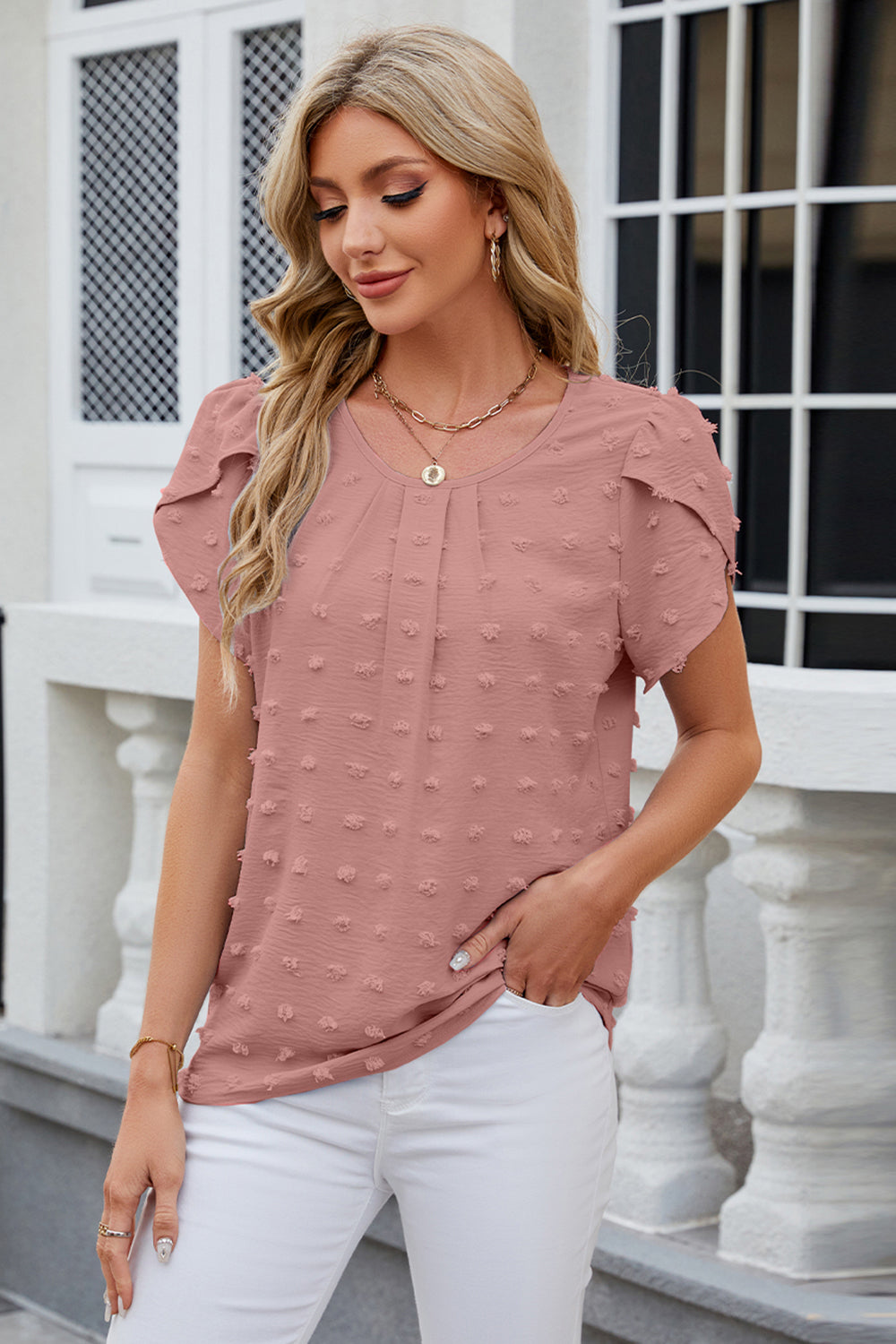 Swiss Dot Round Neck Short Sleeve T-Shirt - Tantalize Boutique