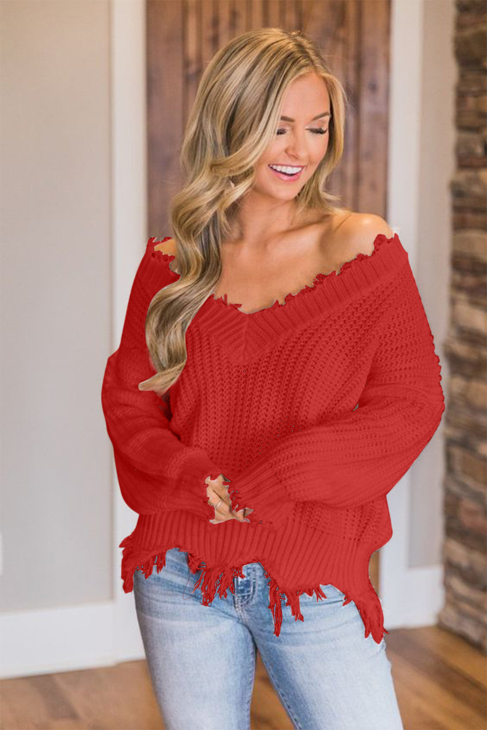 Frayed Hem Dropped Shoulder Sweater - Tantalize Boutique